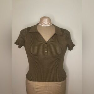 DKNY Women's Beige Ribbed Button Down Shirt